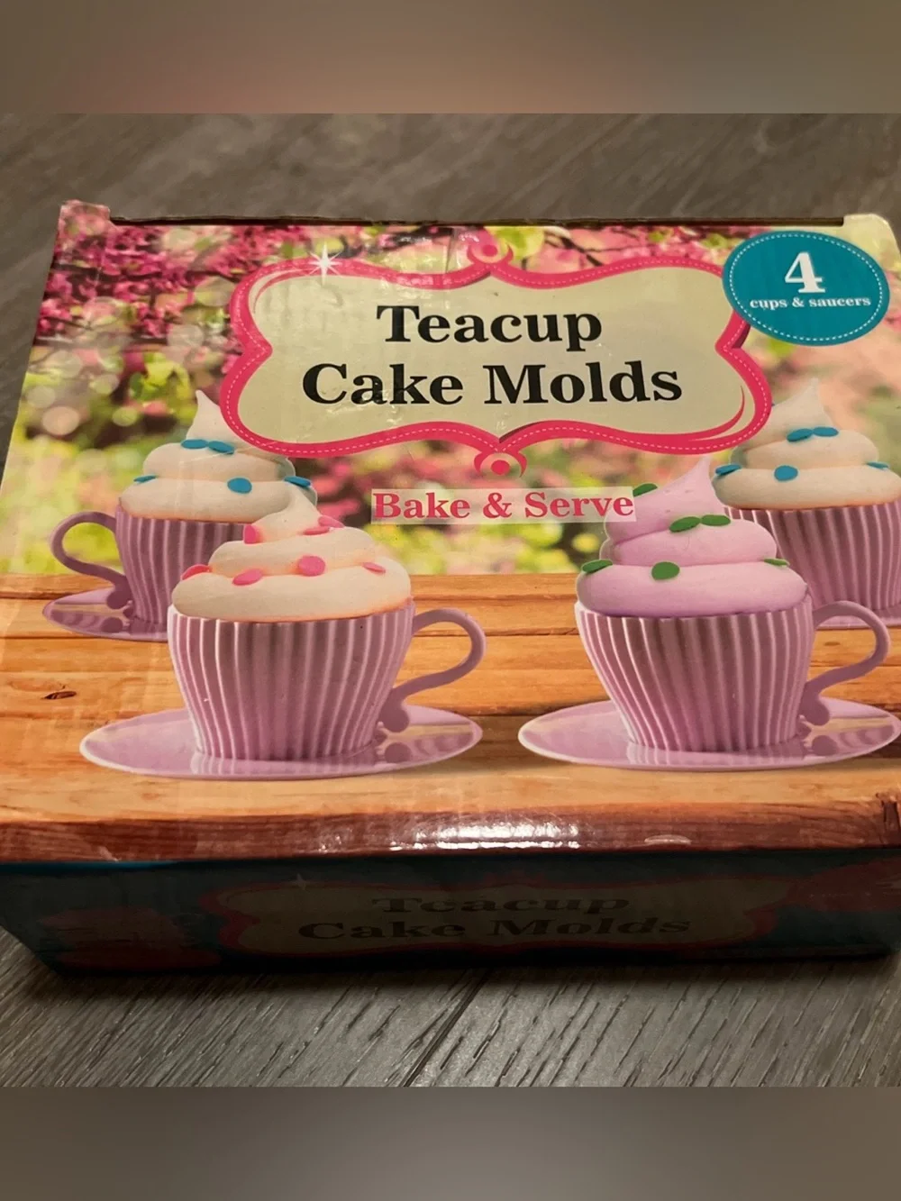 Bake & Serve Teacup Cupcake Molds - 4 Cups/Saucers - NIP Pink Box Has Been Open
